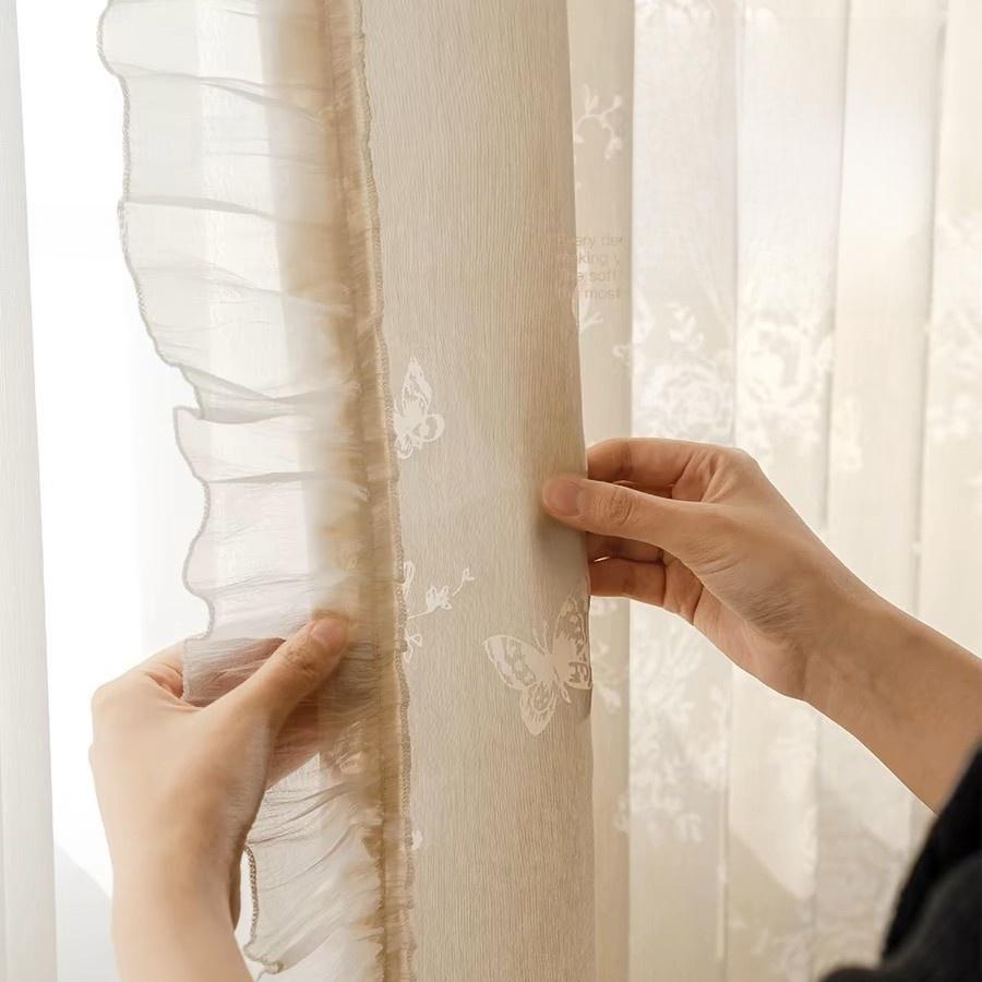 French Textured Sheer Gauze Curtains, Crochet Butterfly Leaf UV Filtering White Window Drapes for Bedroom Free Pinch Pleat Rings & Hooks 2 Panels