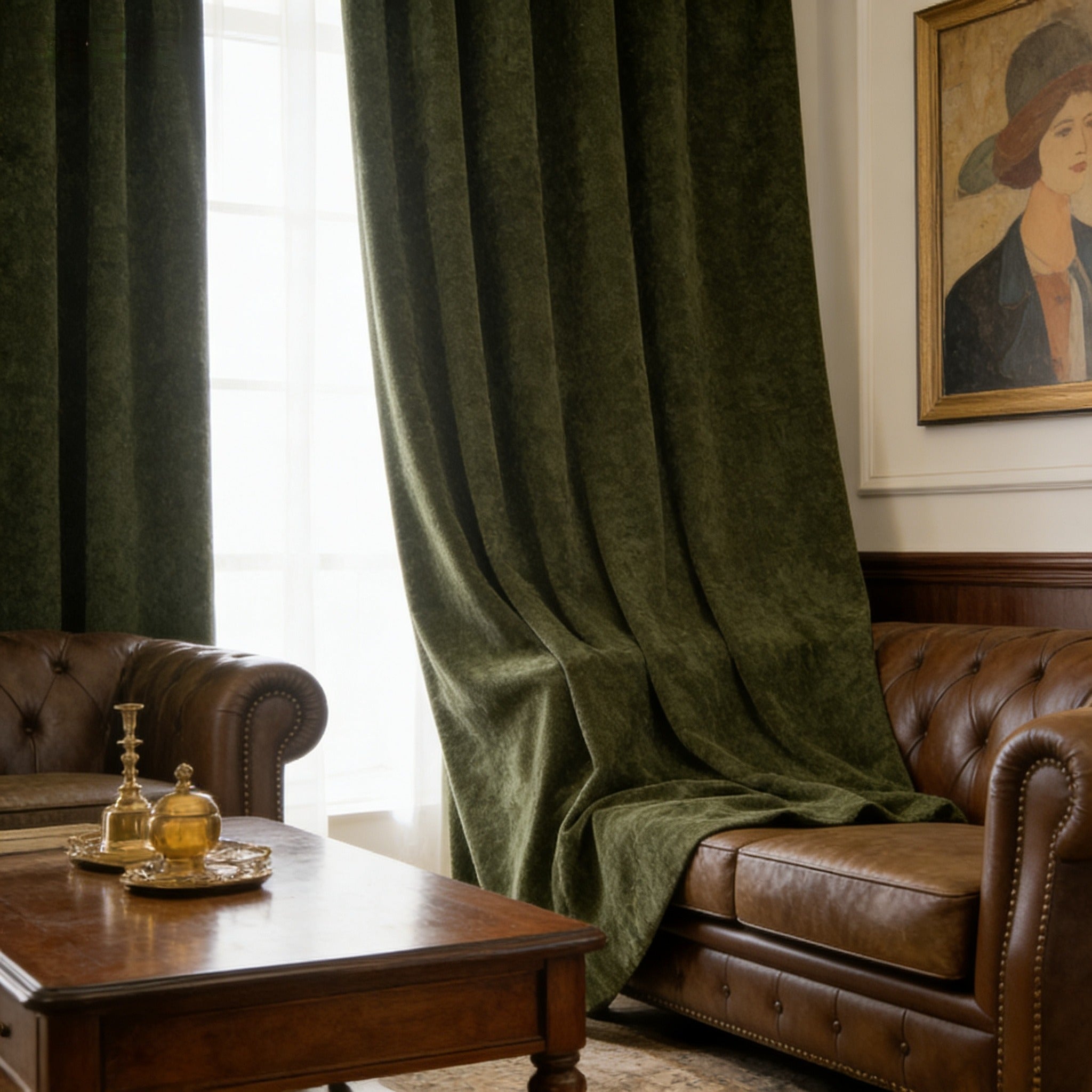 Mid-Century Heavy Chenille Blackout Grommet Curtains 2 Panels, Thermal Privacy Window Drapes Dark Green Beige, Free Pinch Pleat Hooks
