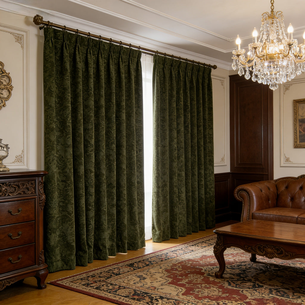 Mid-Century Heavy Chenille Blackout Grommet Curtains 2 Panels, Thermal Privacy Window Drapes Dark Green Beige, Free Pinch Pleat Hooks