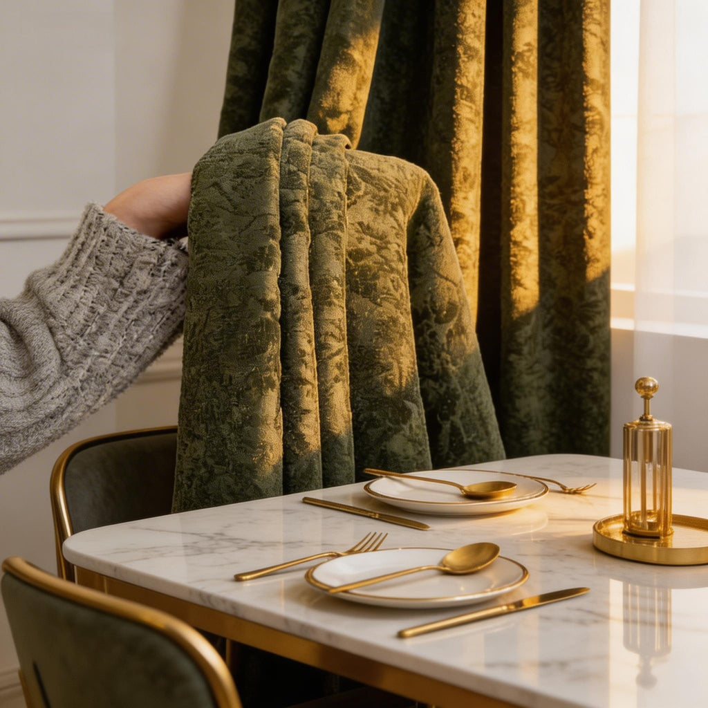 Mid-Century Heavy Chenille Blackout Grommet Curtains 2 Panels, Thermal Privacy Window Drapes Dark Green Beige, Free Pinch Pleat Hooks