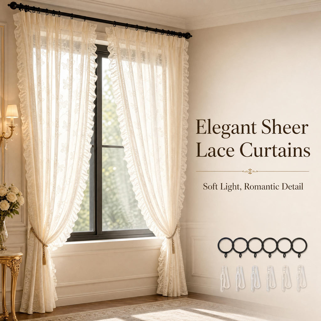 French Textured Sheer Gauze Curtains, Crochet Butterfly Leaf UV Filtering White Window Drapes for Bedroom Free Pinch Pleat Rings & Hooks 2 Panels