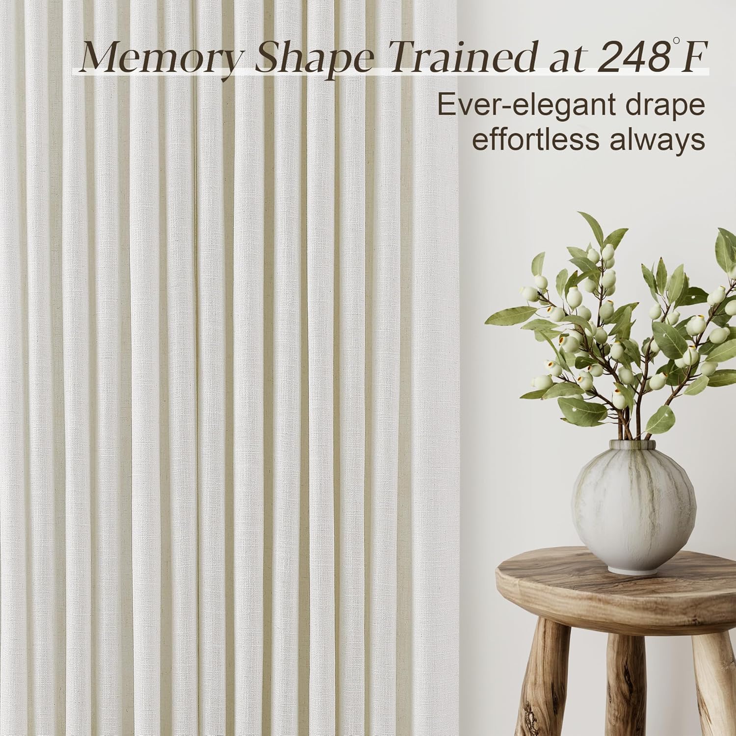 Neutral Farmhouse Pinch Pleated Linen Drapes, Cream Birch Semi Sheer Light Filtering Curtains 2 Pack