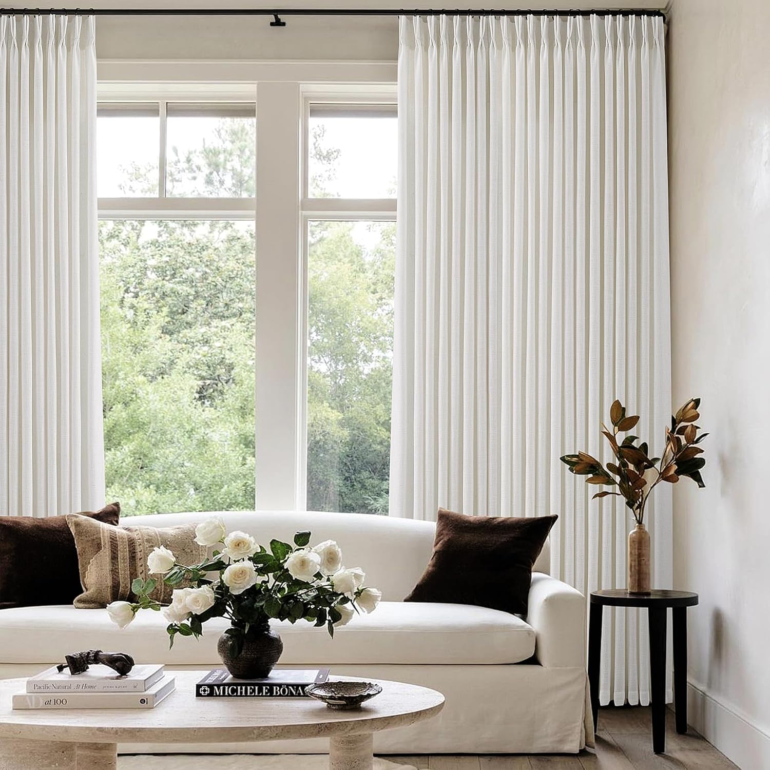 Neutral Farmhouse Pinch Pleated Linen Drapes, Cream Birch Semi Sheer Light Filtering Curtains 2 Pack