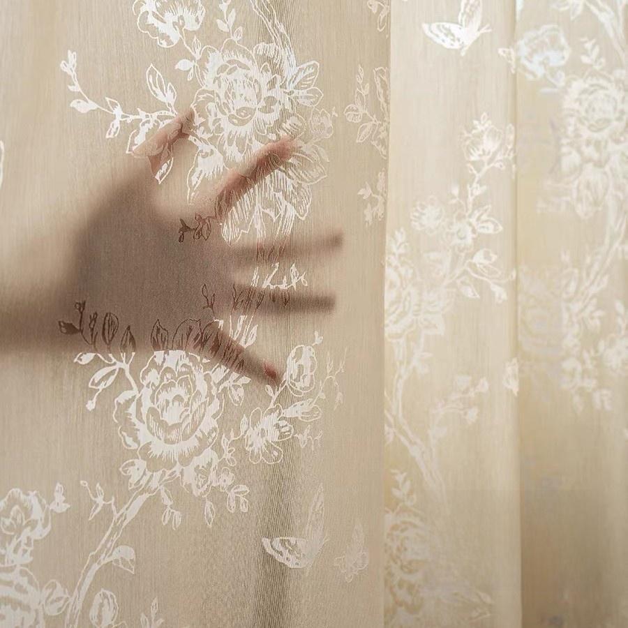 French Textured Sheer Gauze Curtains, Crochet Butterfly Leaf UV Filtering White Window Drapes for Bedroom Free Pinch Pleat Rings & Hooks 2 Panels