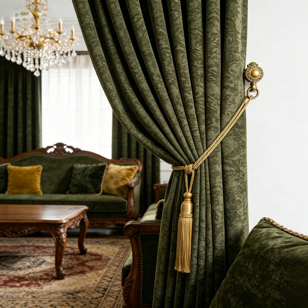Mid-Century Heavy Chenille Blackout Grommet Curtains 2 Panels, Thermal Privacy Window Drapes Dark Green Beige, Free Pinch Pleat Hooks