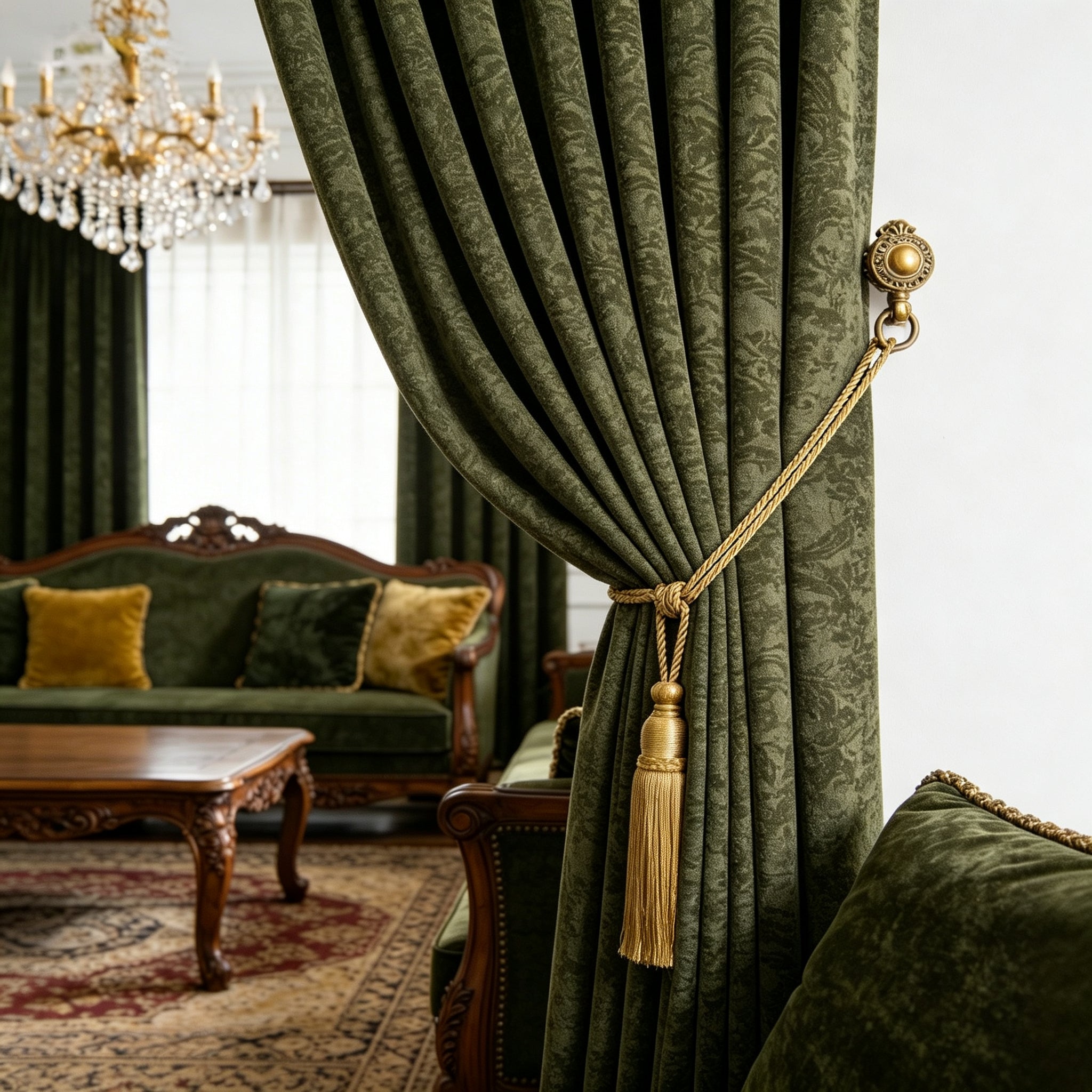 Mid-Century Heavy Chenille Blackout Grommet Curtains 2 Panels, Thermal Privacy Window Drapes Dark Green Beige, Free Pinch Pleat Hooks