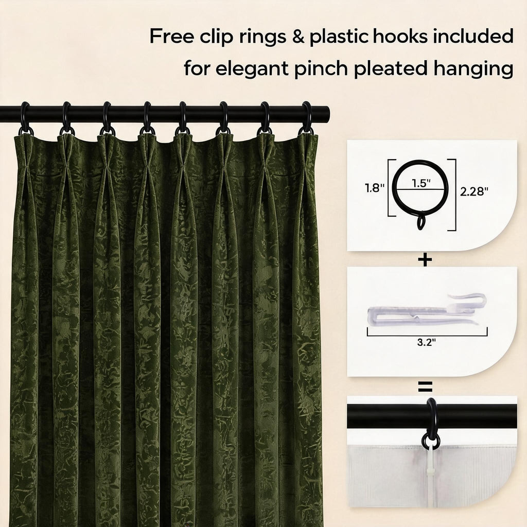 Mid-Century Heavy Chenille Blackout Grommet Curtains 2 Panels, Thermal Privacy Window Drapes Dark Green Beige, Free Pinch Pleat Hooks