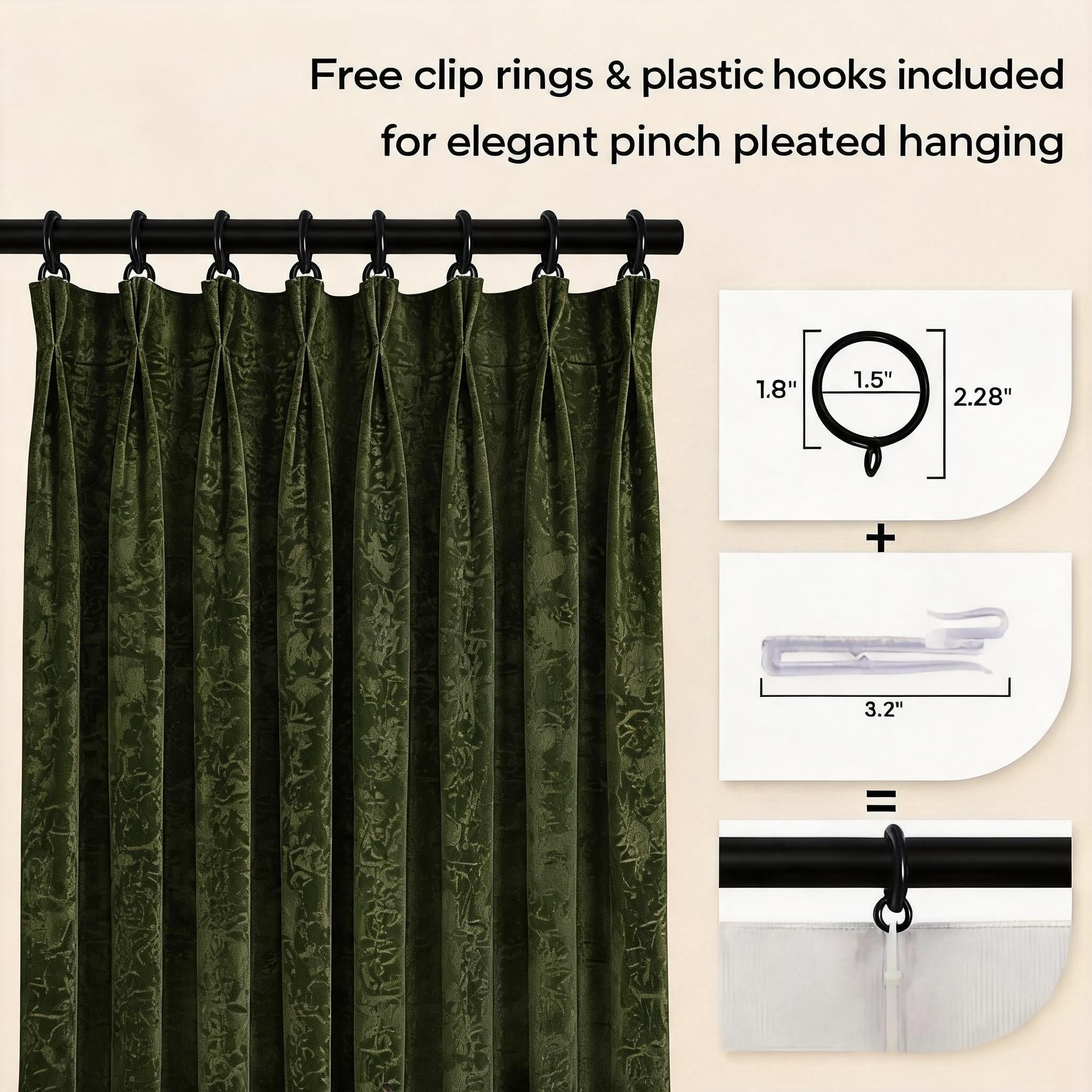 Mid-Century Heavy Chenille Blackout Grommet Curtains 2 Panels, Thermal Privacy Window Drapes Dark Green Beige, Free Pinch Pleat Hooks
