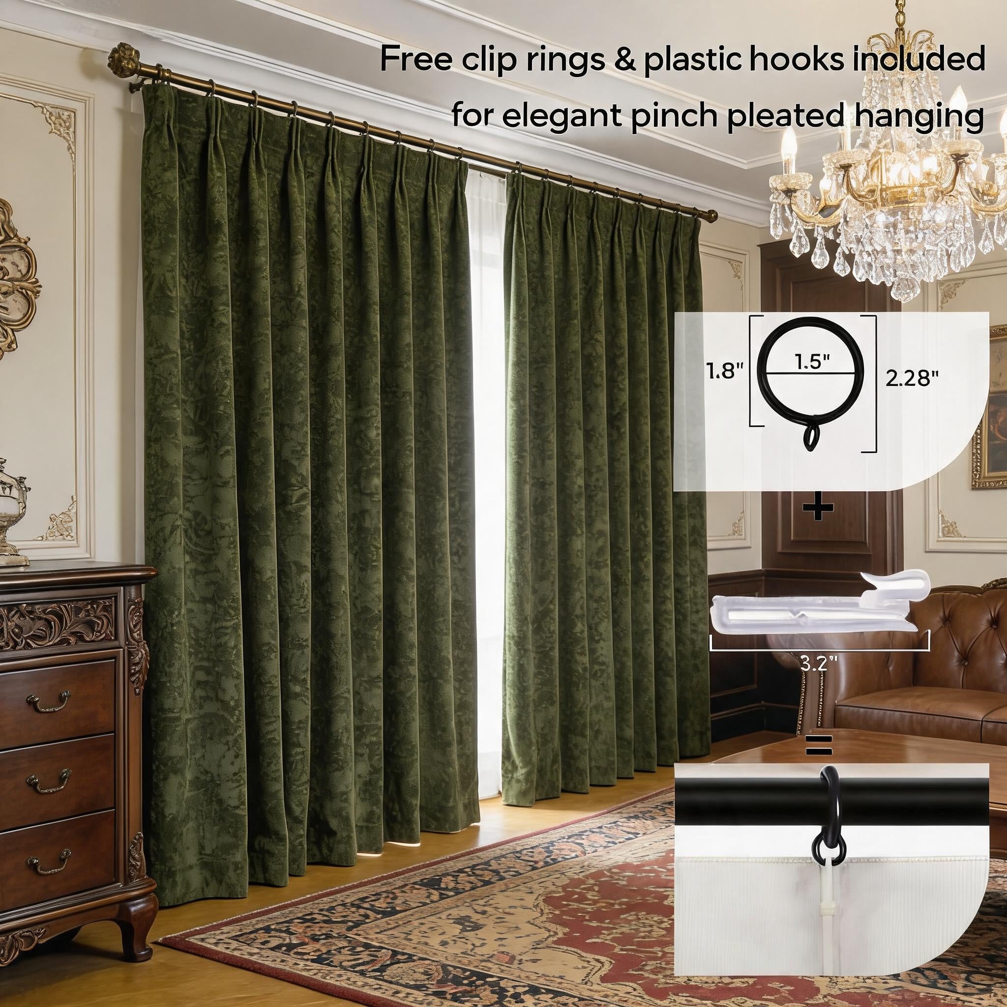 Mid-Century Heavy Chenille Blackout Grommet Curtains 2 Panels, Thermal Privacy Window Drapes Dark Green Beige, Free Pinch Pleat Hooks